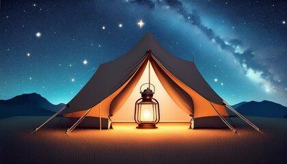 Cheerful 3D render of a tent under a starry night sky, lantern glowing inside, cozy and whimsical, perfect for camping, outdoor adventure, and nature-themed illustrations.