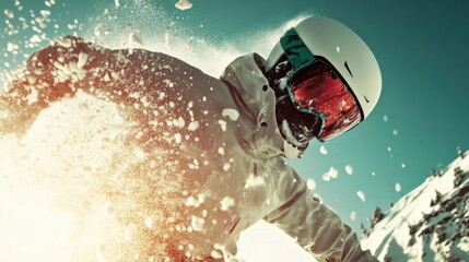 A dynamic snowboarder catches air while expertly carving through fresh powder, capturing the thrill and excitement of winter sports in a breathtaking snowy landscape.