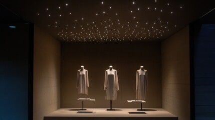 A stylish boutique display features elegant garments under soft lighting, creating a sophisticated ambiance that showcases contemporary fashion and design aesthetics.