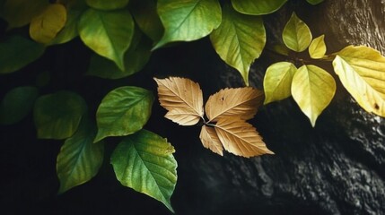 A captivating arrangement of diverse leaves showcases nature's beauty, highlighting the contrast between green and dried foliage in a serene and organic setting.