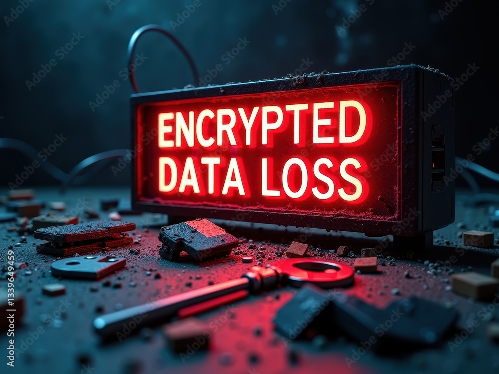Poster warning sign highlighting encrypted data loss risks with a key on a dark surface scattered with debr