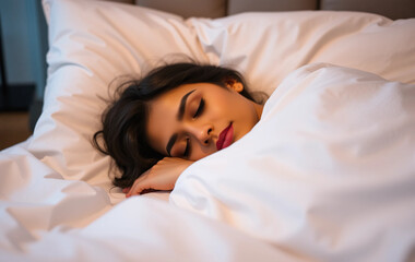 Obraz premium A Woman Sleeping Soundly in a Cozy Bed, Embraced by Soft White Sheets and Pillows, Exuding Calmness and Serenity