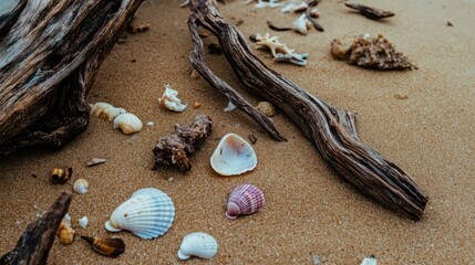A picturesque scene of assorted seashells nestled on the sandy beach alongside driftwood, embodying the essence of coastal beauty and natural findings.