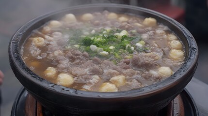 Steaming Hot Pot with Meat and Round Dumplings