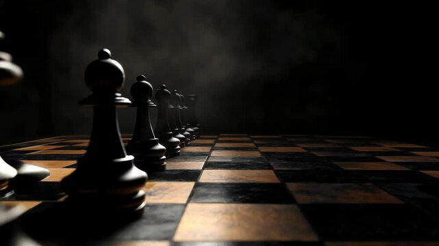 Chess board with a black and white checkered pattern. The chess pieces are arranged in a row, with the black king in the center. Concept of strategy and concentration