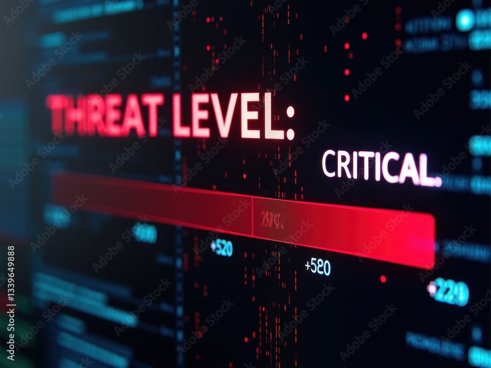 Poster digital display shows critical threat level alert during cybersecurity monitoring session