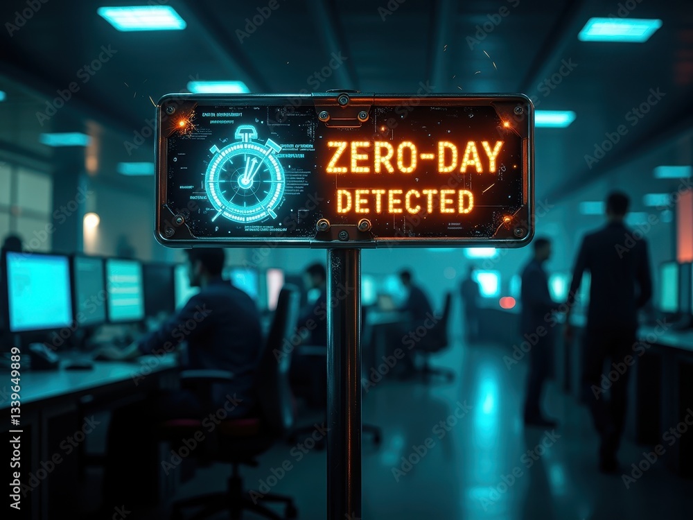 Poster warning signal indicating zero-day vulnerability detected in a cybersecurity operation center during