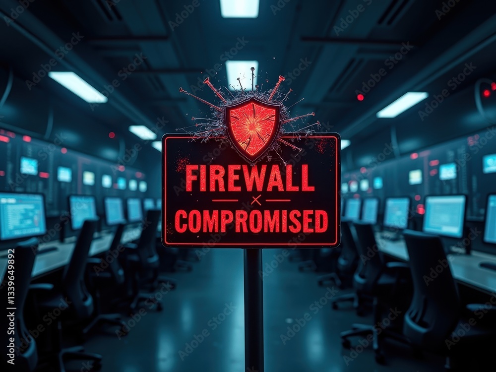 Poster warning sign indicating firewall compromised in a dimly lit cybersecurity operations center with com