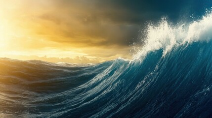 The image presents vibrant ocean waves illuminated by a dramatic sunset, capturing the mesmerizing interplay between light, water, and the elements of nature.