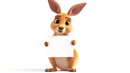 A cheerful cartoon rabbit holding a blank sign, set against a plain white background, inviting creativity