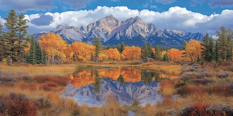 Fototapeta premium Majestic Mountain Autumn Landscape Reflection Pond Trees red sky fall view park calm water