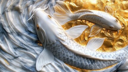 A beautiful representation of koi fish swimming gracefully, capturing the harmony between vibrant life and serene water ripples accentuated by golden hues.