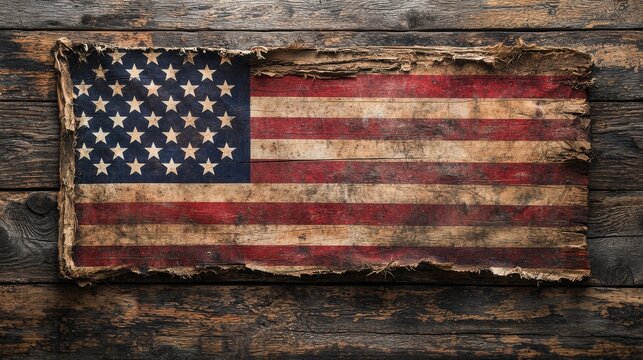 A distressed American flag painted on weathered wood evokes a sense of rustic patriotism and history.
