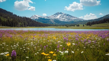 Fototapeta premium Serene Mountain Lake with Wildflower Meadow