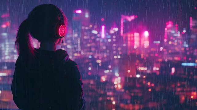 Anime girl with headphones listening to neon lights city at night, lofi hip hop music in a dreamy cyberpunk aesthetic, Chill rainy atmospheric Lo-fi song wallpaper, 4k landscape music animation video