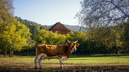 A serene image of a cow peacefully grazing in a vibrant green pasture, surrounded by trees and a rustic barn, reflecting the tranquility of rural life.