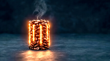 Coffee beans forming a full battery emitting a warm glow and releasing smoke