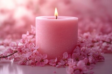A large cylindrical candle is slightly tilted on the table, with tiny pink flowers around it. The background is light pink, the text is located in the form of a semicircle above the candle.

