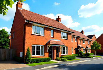 Red brick English houses row, sunny day, UK.