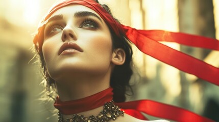 In this captivating image, a glamorous woman gazes upward with hope and aspiration, her elegant attire and accessories enhancing her radiant presence.