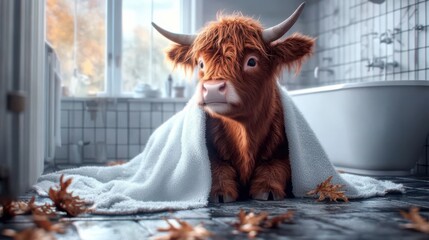 Adorable Highland cow sitting comfortably under a blanket, evoking feelings of warmth and safety in a serene indoor setting, perfect for animal lovers.