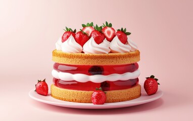 Layered strawberry jelly cake with whipped cream and fresh berries on top, isolated on a pastel pink background