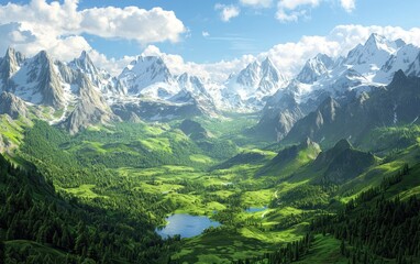 Fototapeta premium Lush green valley surrounded by tall, snow-capped mountains