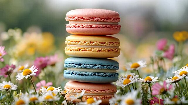Colorful macarons stacked on flowers in a vibrant outdoor setting