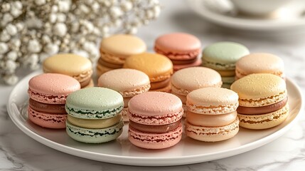 Obraz premium Colorful macarons arranged on a plate with floral decorations in a cozy indoor setting