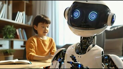 Young child in yellow shirt interacting with humanoid robot featuring digital display face.
- Powered by Adobe