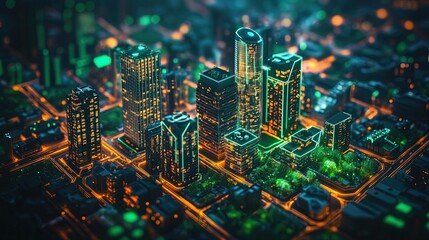 A futuristic cityscape glowing with eco-friendly technology and green rooftops