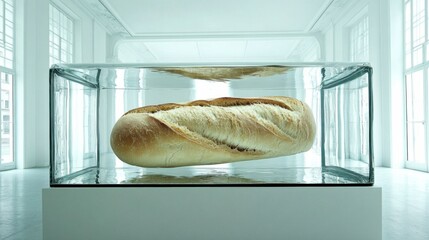 A fascinating bread sculpture elegantly suspended in water, creating an intriguing interplay of textures and reflections, challenging perceptions of food and artistry.
