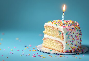 a single slice cut from an Easter-themed birthday cake, placed on top of the full cake with a candle lit and sprinkles scattered around it against a blue background Generative AI