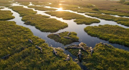 Naklejka premium Alligators Resting in Wetland Marsh at Sunset From Aerial View