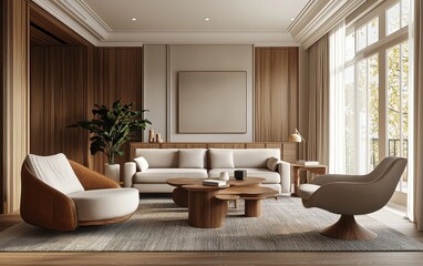 Modern minimalist lounge with elegant furniture, soft lighting, and a peaceful ambiance