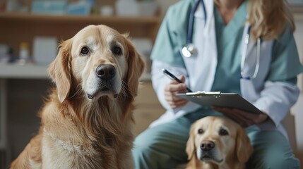 Two golden retrievers are examined by a friendly veterinarian during a routine check-up at the clinic.