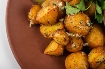 Delicious grilled pork ribs with golden roasted potatoes, pickles, and fresh parsley on a rustic clay plate. Served with creamy white sauce. Perfect homemade meal	
