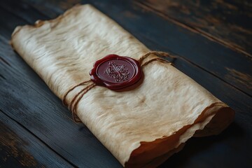 Aged parchment scroll with wax seal, satin ribbon, and historical elegance displayed