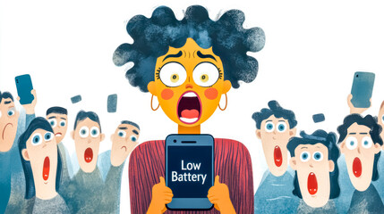 Naklejka premium Woman panicking showing low battery notification on smartphone to crowd