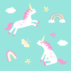 Fototapeta premium Hand drawn unicorns in doodle style. Set of elements for your design: unicorn, rainbow, clouds and flowers. For children's print, pattern, greeting cards, poster, clothing, textiles, rooms.