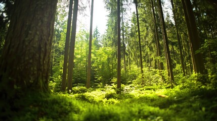 Fototapeta premium Lush green forest of old spruce, fir, and pine trees, soft sunlight filtering through the canopy, shallow depth of field, wide-angle shot, serene and natural atmosphere