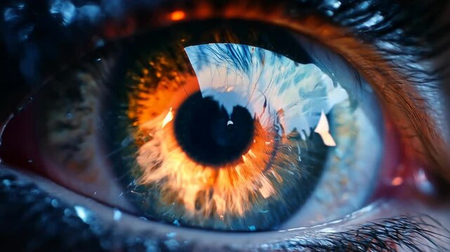 Close up of a person's eye with a bright orange flame in the center. The eye is surrounded by a blurry reflection of the flame, creating a sense of depth and movement