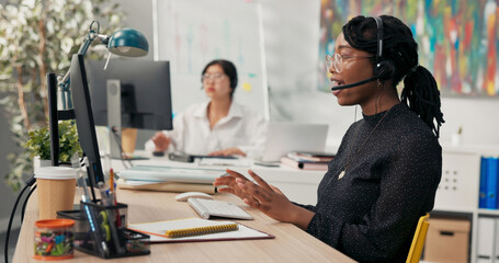 Call center office, insurance company, telecommunications, customer advisor, employees sit with...