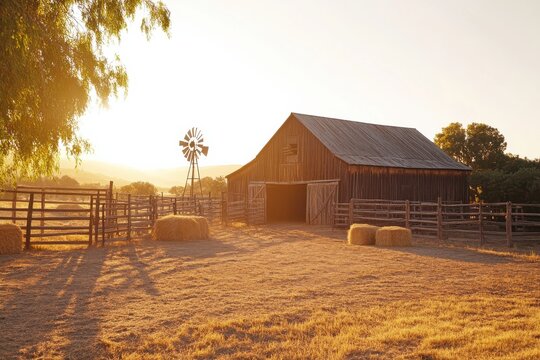 Rustic barn and windmill basking in golden hour light on a ranch