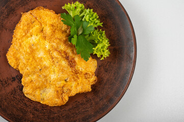 Golden crispy chicken schnitzel on a rustic clay plate, garnished with fresh parsley and lettuce....