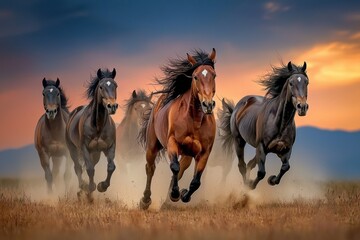 Wild mustangs galloping across the prairie during sunset