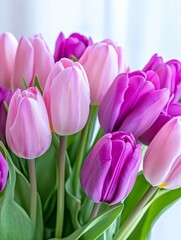 Obraz premium Lovely Pink and Purple Tulips Bouquet - Close-up of a beautiful bouquet of pink and purple tulips, perfect for spring or any occasion