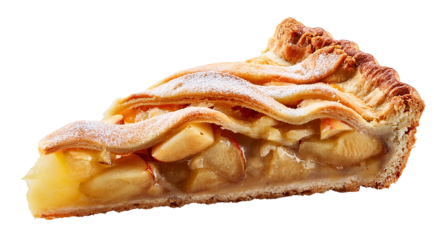 Delicious slice of apple pie showing crust and filling on transparent background