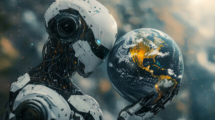 Fototapeta premium Futuristic Earth: AI Robot with Human-Like Cybernetic Integration in Detailed 3D Rendering