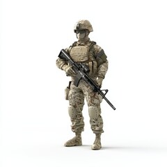 Soldier in camouflage uniform holding a rifle, isolated on white